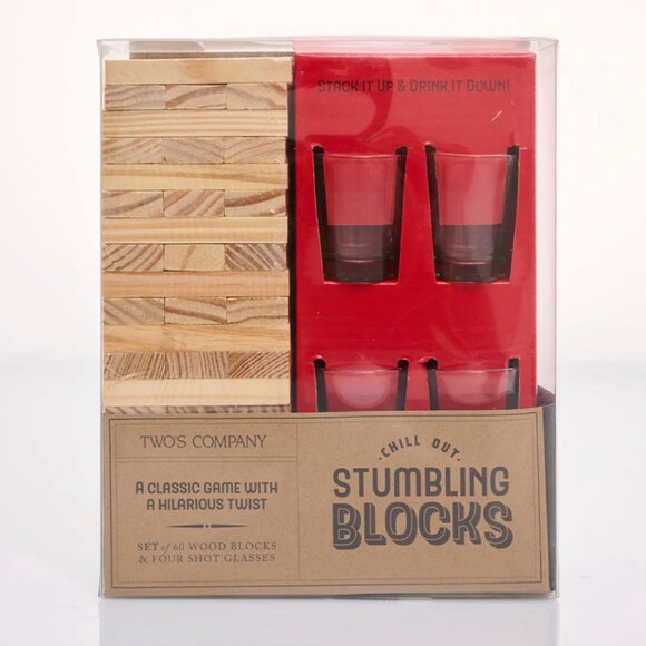 Two's Company Classic Drinking Game Stumbling Blocks Shot Glasses & Wood Blocks - Picture 1 of 5